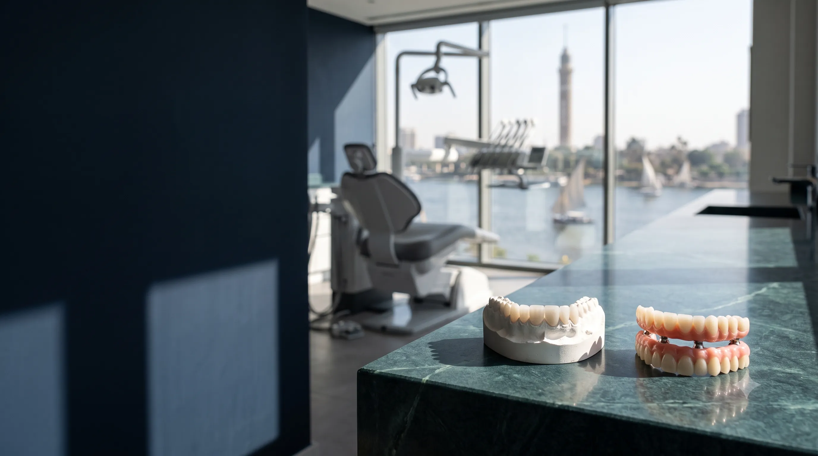 A digital implant framework and denture model on marble, with a Cairo dental suite and the Nile beyond
