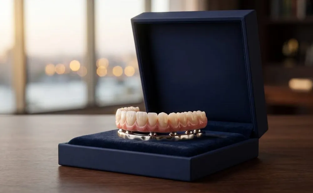 A full-arch implant bridge presented in a case