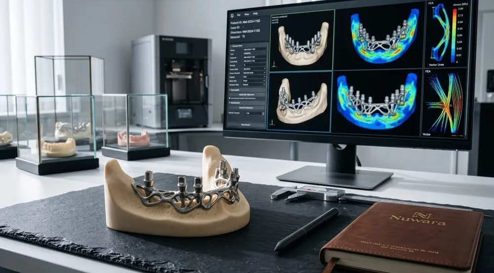 A custom titanium jaw framework beside on-screen stress analysis