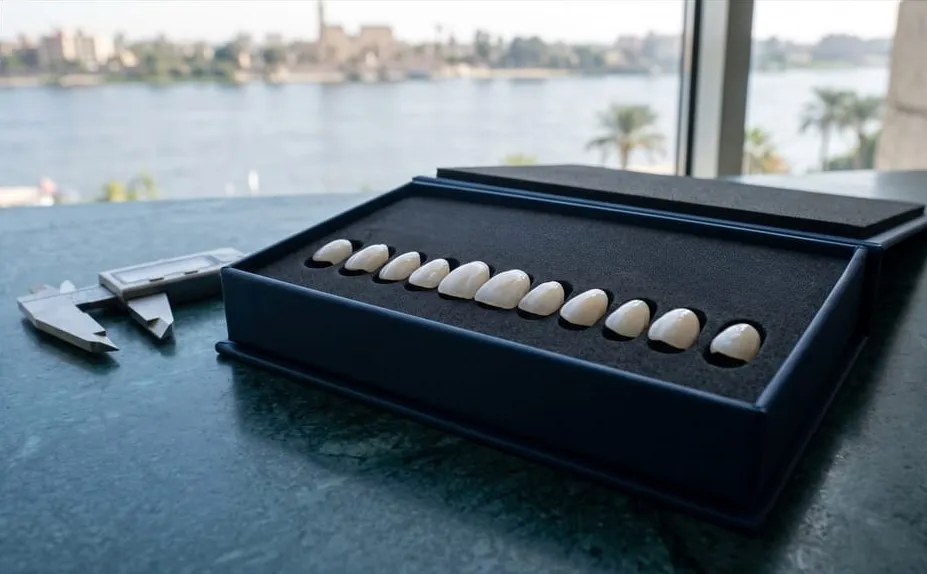 Custom porcelain veneers laid out in a Nuwara case, overlooking the Nile